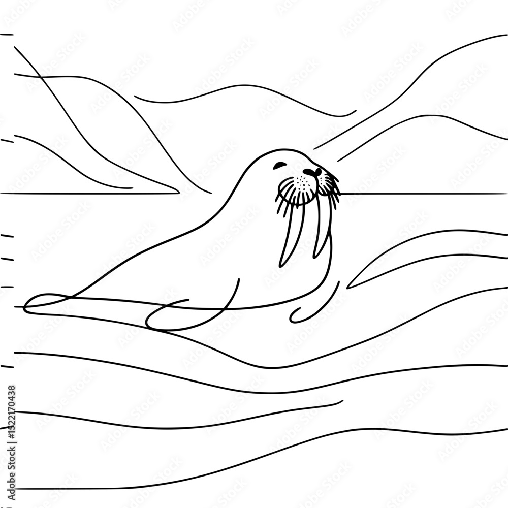 Poster walrus swimming in ocean waves with mountains in background - concept of single line outline vector