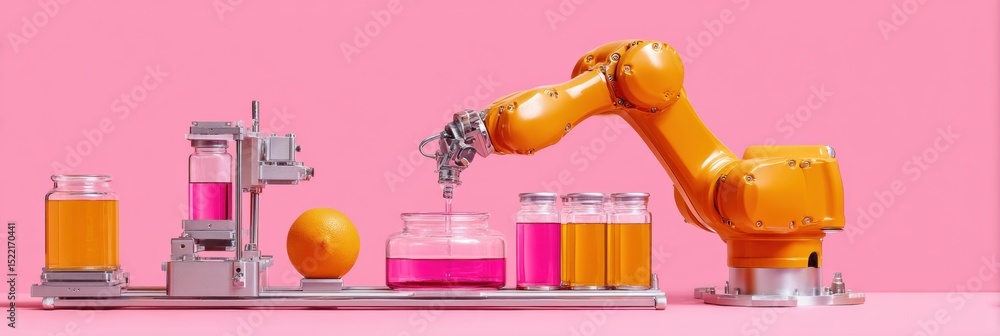 Poster robotic arms automating biopharmaceutical manufacturing with glass vials and digital control panels 