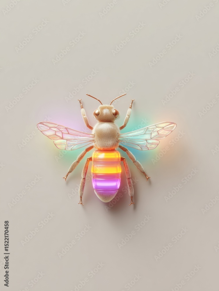 Poster neon glow bee with translucent wings on neutral background for eco-friendly branding and modern envi