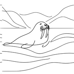 Walrus swimming in ocean waves with mountains in background - Concept of single line outline vector  
