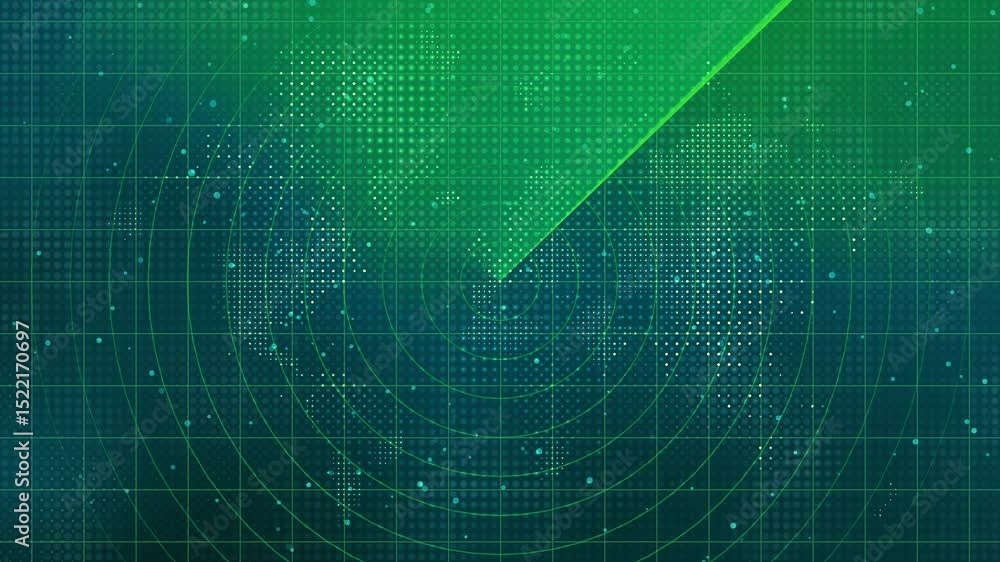 Poster futuristic radar screen displaying a world map with green scanner light and digital grid