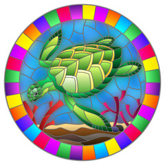 Illustration in stained glass style with sea turtle on the seabed background with algae, fish and stones, oval image in bright frame