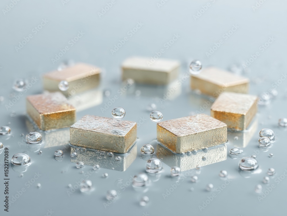 Poster premium gold bars arranged in circular pattern on reflective surface with water droplets for wealth 