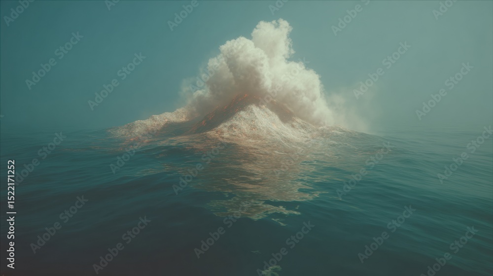 Poster underwater volcano eruption with magma flow and heat distortion, digital geological visualization fo