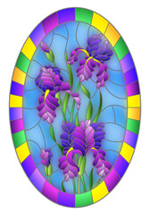 Illustration in stained glass style flower of purple irises on a blue background in a bright frame,oval  image