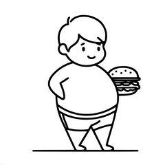Young boy holding a burger while smiling in a simple line drawing  