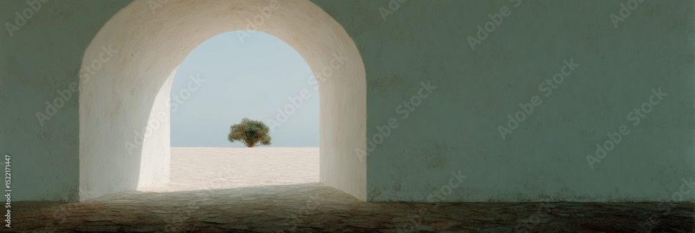 Aufkleber Ancient Stone Archway with Sunlit Pathway Leading to Illuminated Tree - Symbolic Journey and Transformation for Wellness and Life Coaching
