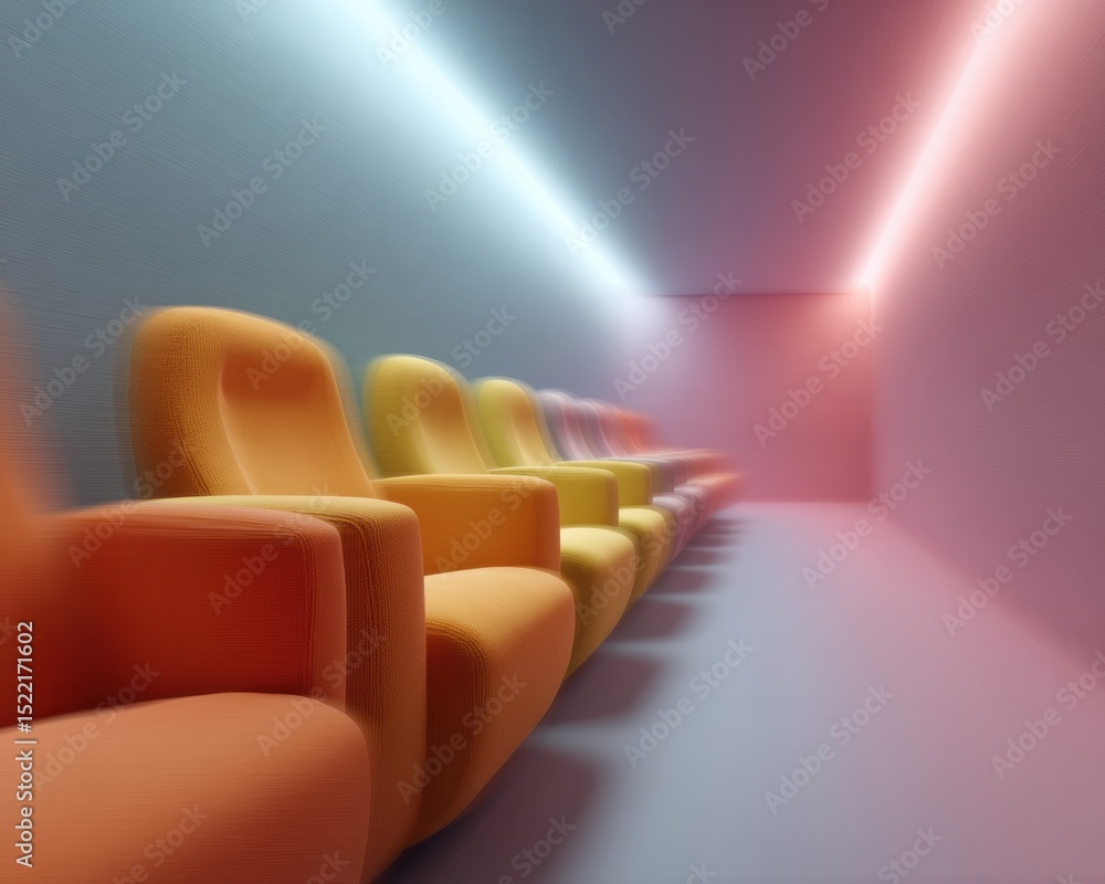 Poster futuristic home cinema with colorful motion-responsive seating and ambient architectural lighting sh