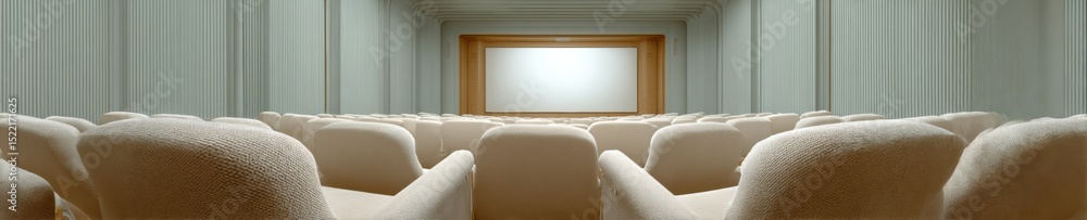 Poster modern empty cinema hall with plush seating and spatial audio technology showcasing architectural sy