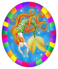 Illustration in stained glass style with mermaid with long red hair on water and air bubbles background