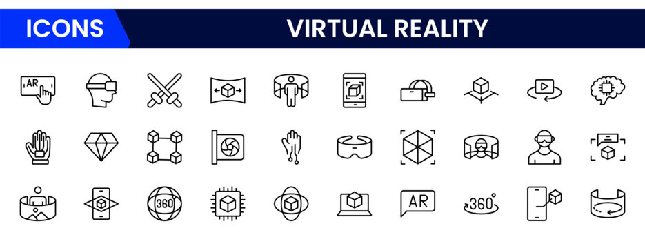 Immersive vector web line icons showcasing virtual reality, headsets, digital worlds, interactive experiences, and cutting-edge VR technology.