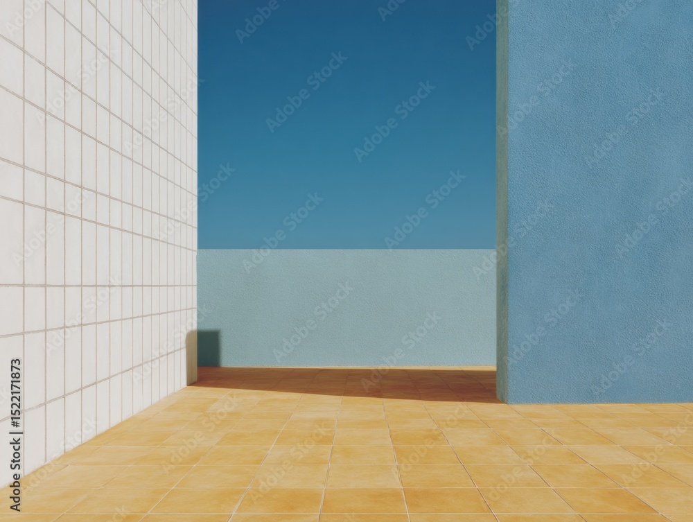 Poster minimalist architectural space with grid-patterned tiled walls and clean geometric lines, showcasing
