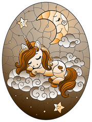 A stained glass illustration with a cute cartoon unicorn sleeping on a cloud and a moon on a starry sky background, oval image, tone brown