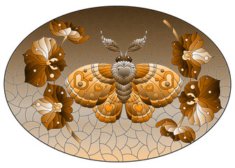 A stained glass illustration with a cute moth and orchid flowers on a sky background, tone brown