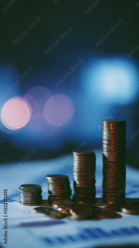 Poster public sector economic growth with ascending stacked coins bar graph on financial documents symboliz