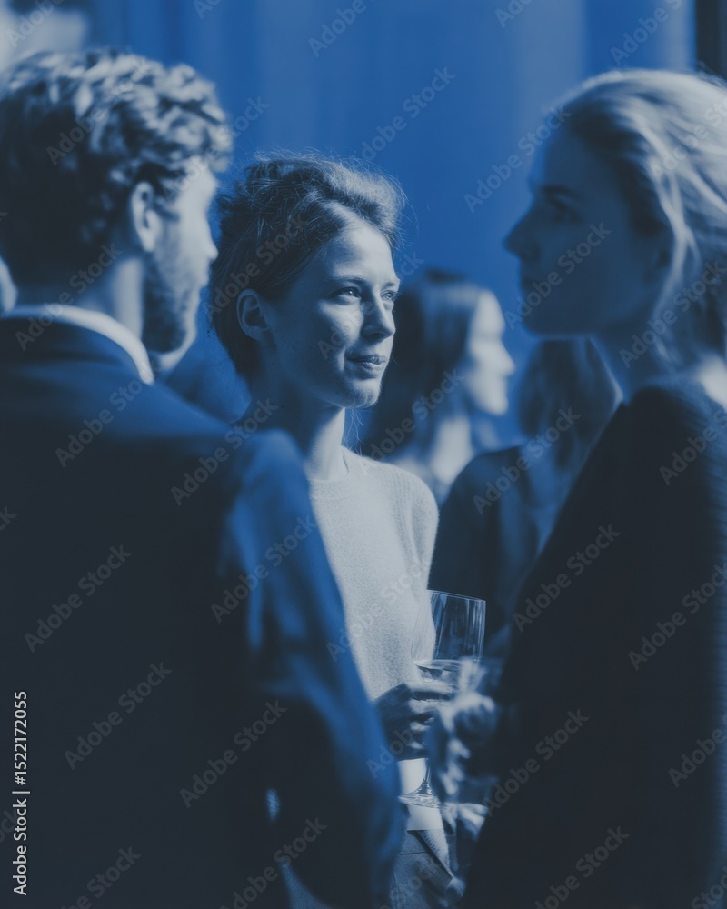 Poster Networking Executives in Elegant Venue with Ambient Lighting Engaged in Professional Conversation at Business Event for Strategic Collaboration