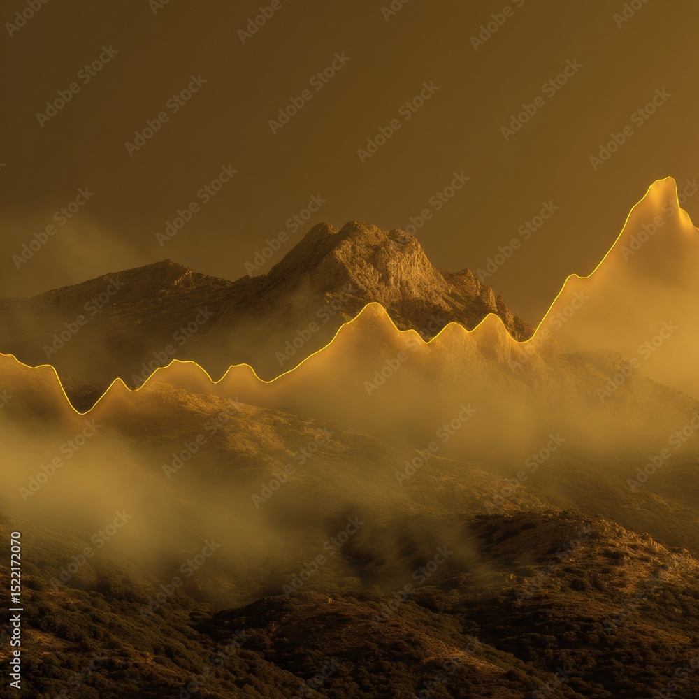Aufkleber Abstract Mountain Landscape with Golden Line Graph Overlay Symbolizing Data Trends and Modern Financial Analysis under Moody Atmospheric Conditions
