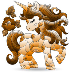 Stained glass illustrations with cute cartoon unicorn, animal isolated on a white background, tone brown