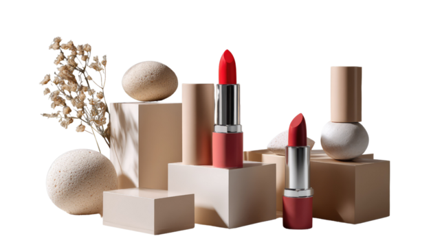 Vibrant Lipstick in a beauty Product Scene: This elegant product shot showcases a pair of dazzling red lipsticks, artfully arranged amidst a minimalist, architectural landscape. Each lipstick gleams.