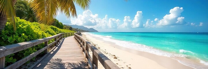 Sun-drenched wooden boardwalk stretches along a pristine sandy beach, waves gently lapping the shore Perfect summer getaway scene; idyllic coastal landscape , vacation, serene, seaside
