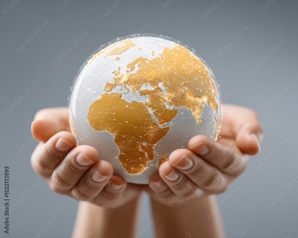 Aufkleber Hands holding a connected digital globe showcasing geospatial technology and global network data integration for GIS and urban planning solutions