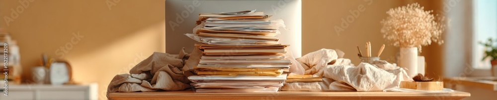 Aufkleber Overloaded Workspace with Precarious Stacks of Books and Papers Around Computer Monitor Symbolizing Professional Overwhelm and Administrative Chaos