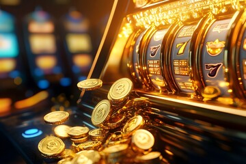 stack of gold coins and tokens spilling out of a winning slot machine, motion effect, bright lighting
