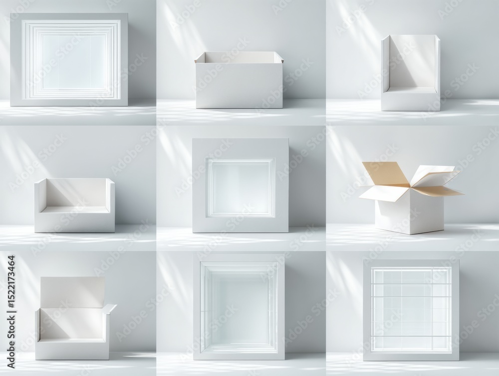 Poster minimalist white cardboard boxes in various open and closed states for sustainable packaging design 
