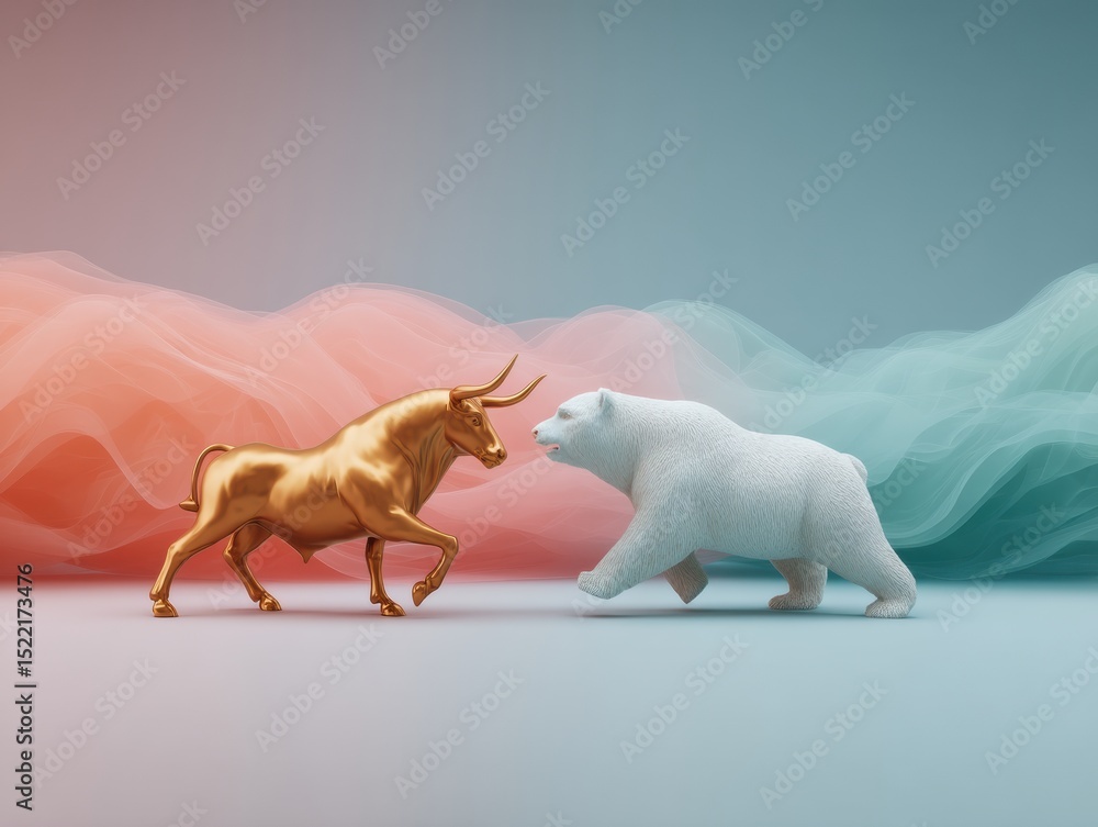 Poster Metallic Bull and Bear Statues in Combat with Digital Trading Chart Backdrop Symbolizing Asset Allocation and Market Investment Strategies