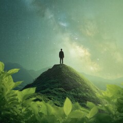 Solitary Human Silhouette on Lush Green Mountain Peak Under Infinite Star Field with Galaxy Horizon Inspirational Cosmic Exploration for Wellness and Mindfulness