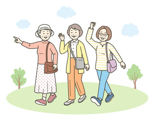 仲の良い高齢女性グループが旅行先で楽しんでいる全身イラスト
