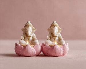 Elegant Akshaya Tritiya Deities Ganesha Statues on Pink Lotus with Flame Oil Lamps Symbolizing Prosperity and Spiritual Blessings for Festival Marketing