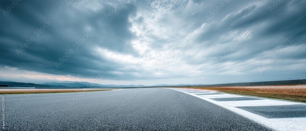 Poster dramatic race track with curbs and markings under moody sky - motorsport editorial for speed, challe