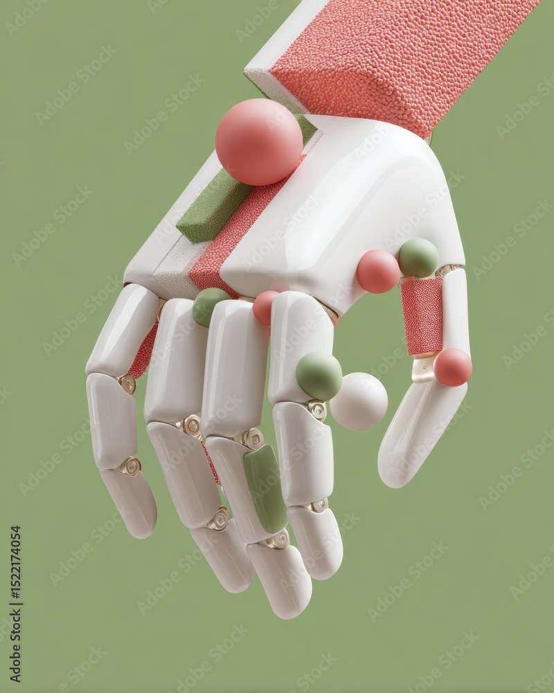 Poster futuristic robotic hand with colorful textured spheres in minimalist green setting, showcasing advan