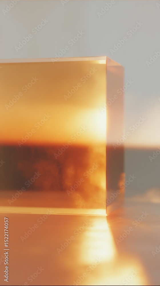 Poster Transparent amber resin cube with warm glow on reflective surface showcasing modern minimalism and premium design aesthetics for luxury branding