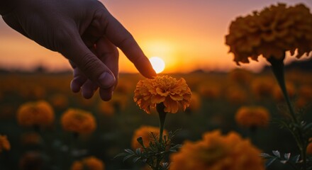 Golden Touch: A Hand Caressing a Marigold in a Vibrant Sunset Field