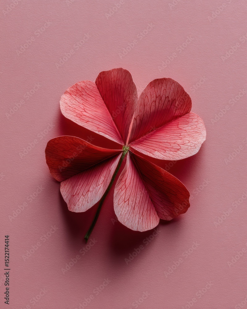Poster modern prosperity day concept with single four-leaf clover on smooth pink background showing crisp b