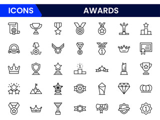 Elegant vector web line icons showcasing awards, trophies, recognition, achievement, and celebratory moments of excellence and success.