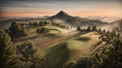Fototapeta premium Rolling hills and mountain range in atmospheric landscape