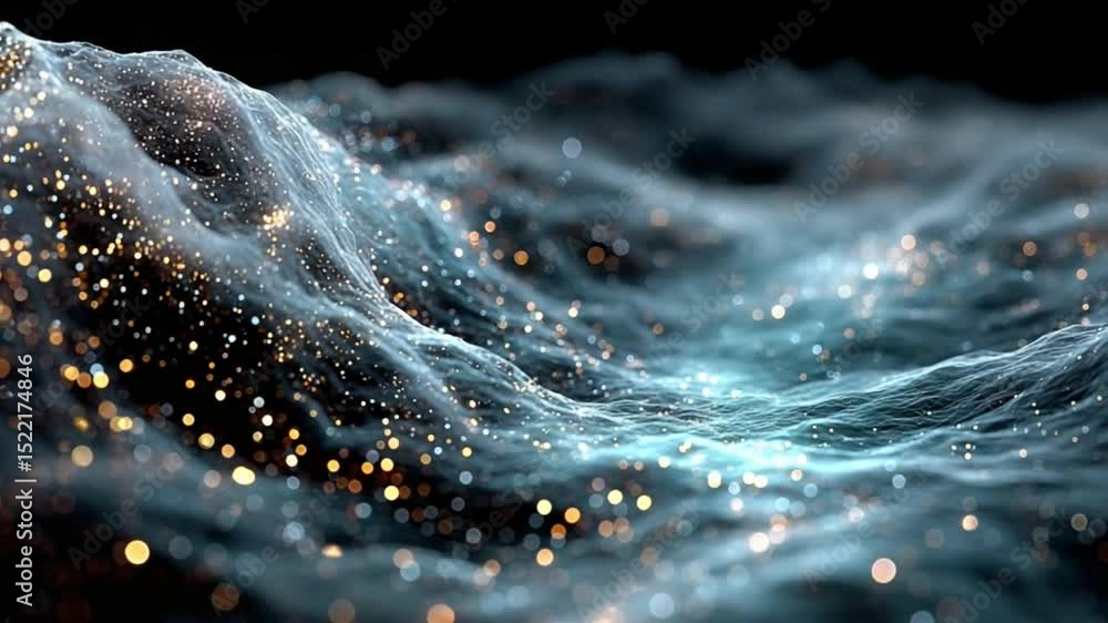 Poster Ephemeral Shimmer: Abstract representation of fluid movement and luminous particles dancing across an otherworldly landscape, evoking a sense of mystery and wonder.