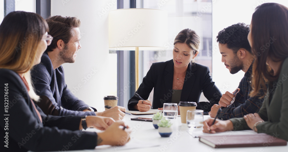 Poster collaboration, meeting and writing with business people in boardroom of discussion or planning. note