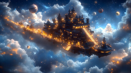 A glowing castle floats amongst clouds and planets in a dreamy, nighttime space scape with sparkling lights