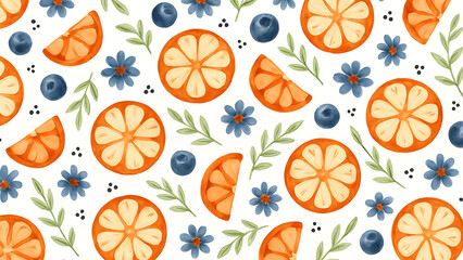 Seamless Watercolor Fruit and Floral Pattern