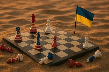 A chessboard partially buried in sand, with scattered chess pieces painted in the colors of the American and Russian flags, some toppled over, the Ukrainian flag planted in the sand next to the board 