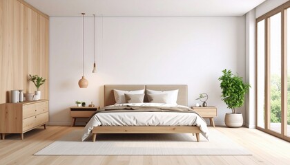 Serene Minimalist Bedroom Design: Light Wood and Neutral Tones