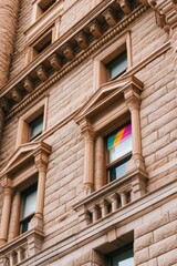 Obraz premium Celebrate Your Elected Officials Day with Progressive Pride Flag on Historic Stone Building Facade - Summer Social and Back to School Commercial Trends