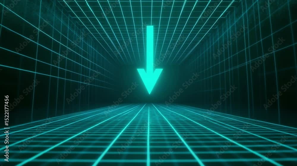 Poster neon descent: a vibrant neon arrow points downward along a grid, embodying a concept of reduction wi