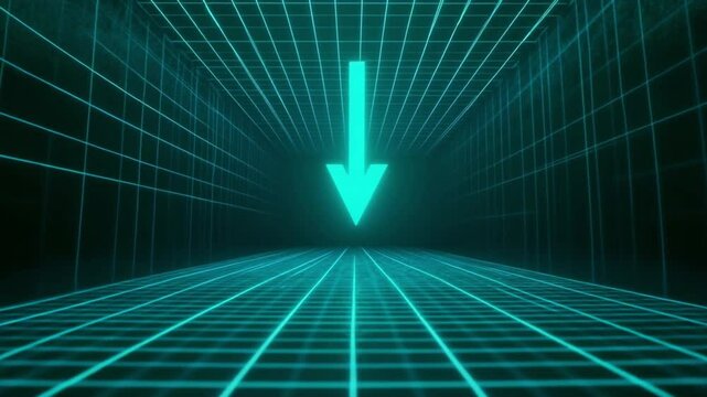 Neon Descent: A vibrant neon arrow points downward along a grid, embodying a concept of reduction with futuristic feel.