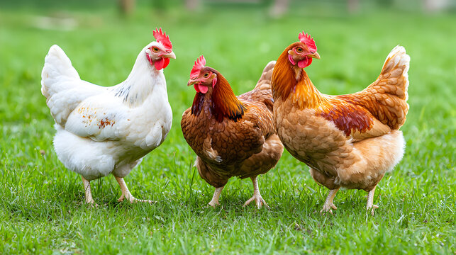 Three chickens stand together on green grass in an outdoor farm setting.