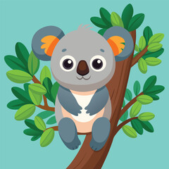 Cute Koala Hanging on Tree – Cartoon Vector Icon Illustration, Animal and Nature Concept Isolated
